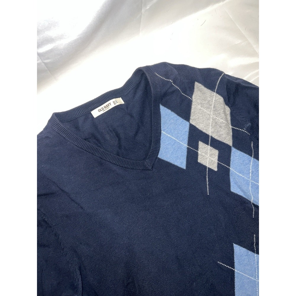 Old Navy Men's Large V Neck Sweater Blue and Beige Diamond Pattern No Rips